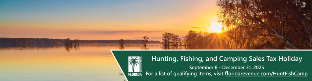 Florida Hunting, Fishing, and Camping Sales Tax Holiday promotional banner.